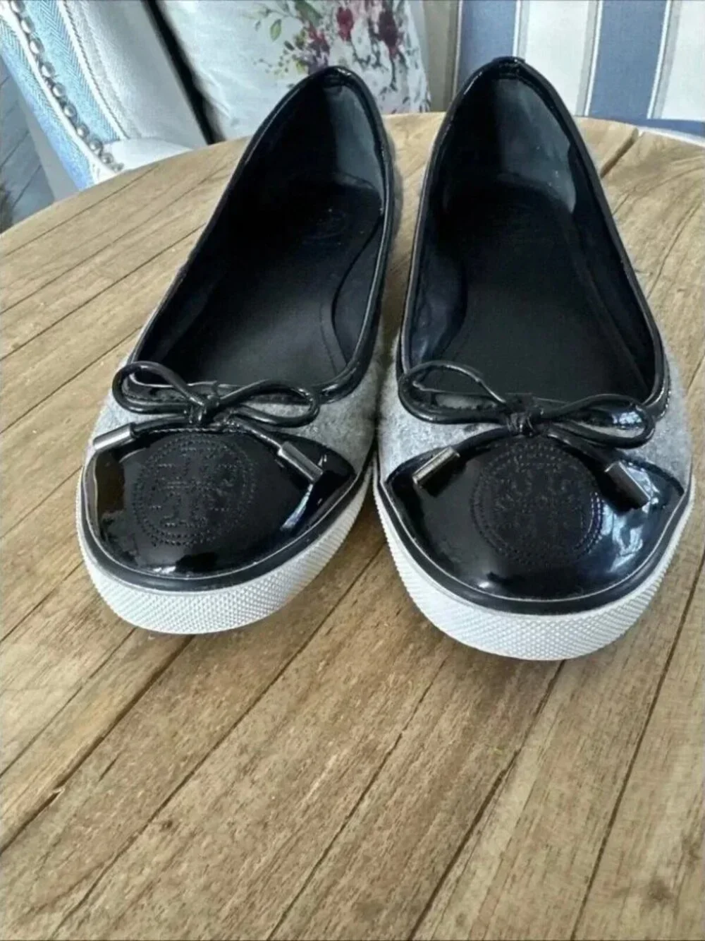 Tory Burch Skyler Grey Quilted Wool Patent Leather Toe Ballet Flats Size 6.5